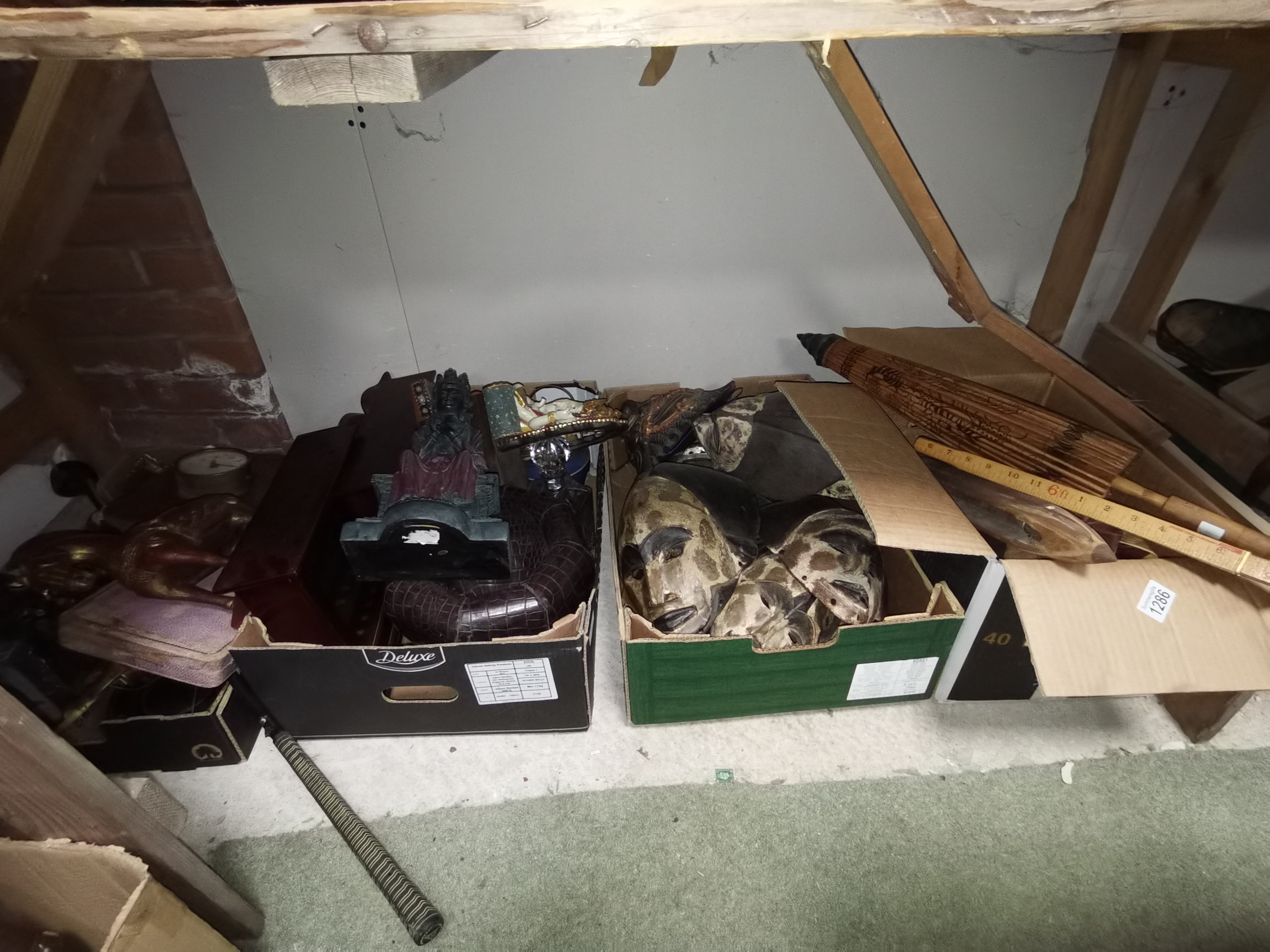 4 boxes of misc items incl masks, clock, wooden items etc - Image 2 of 2
