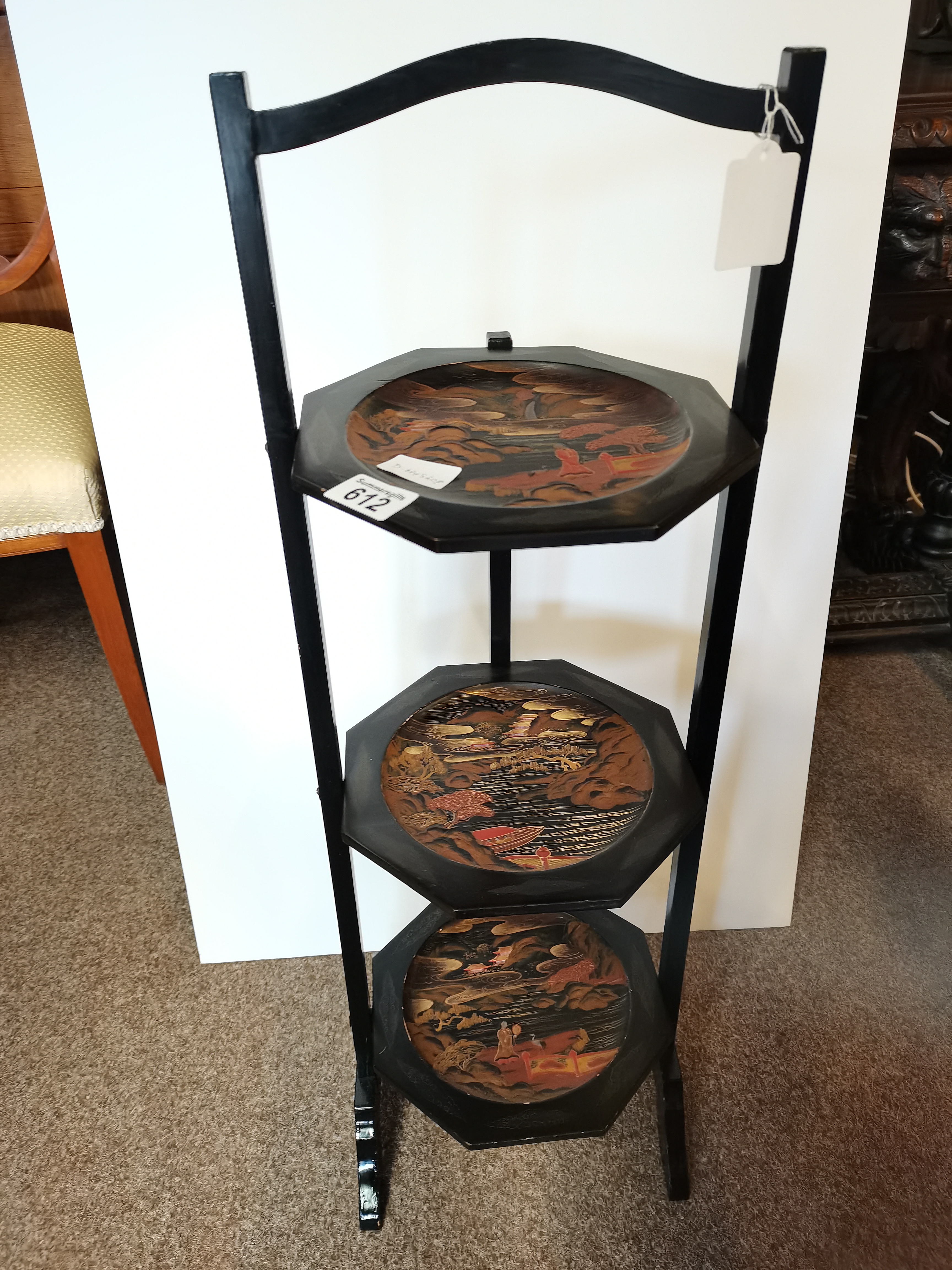 Japanese hand painted gesso artwork three tier cake stand