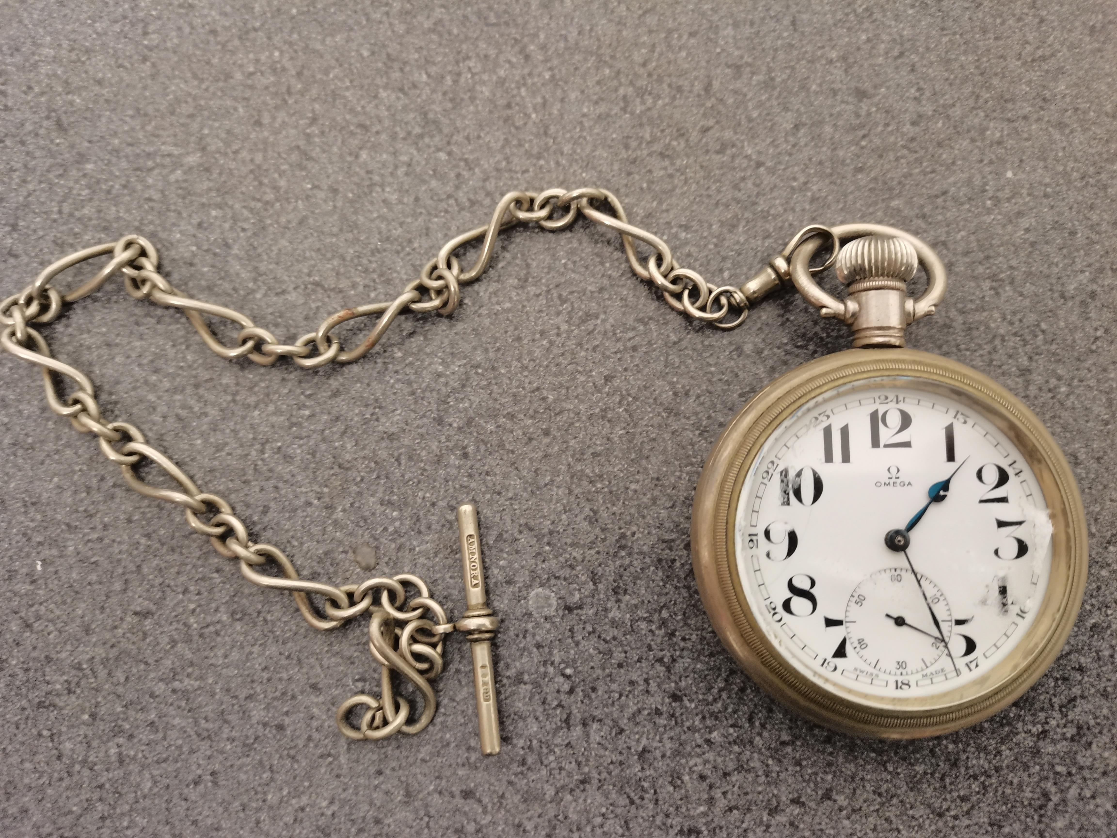 Silver OMEGA pocket watch with chain