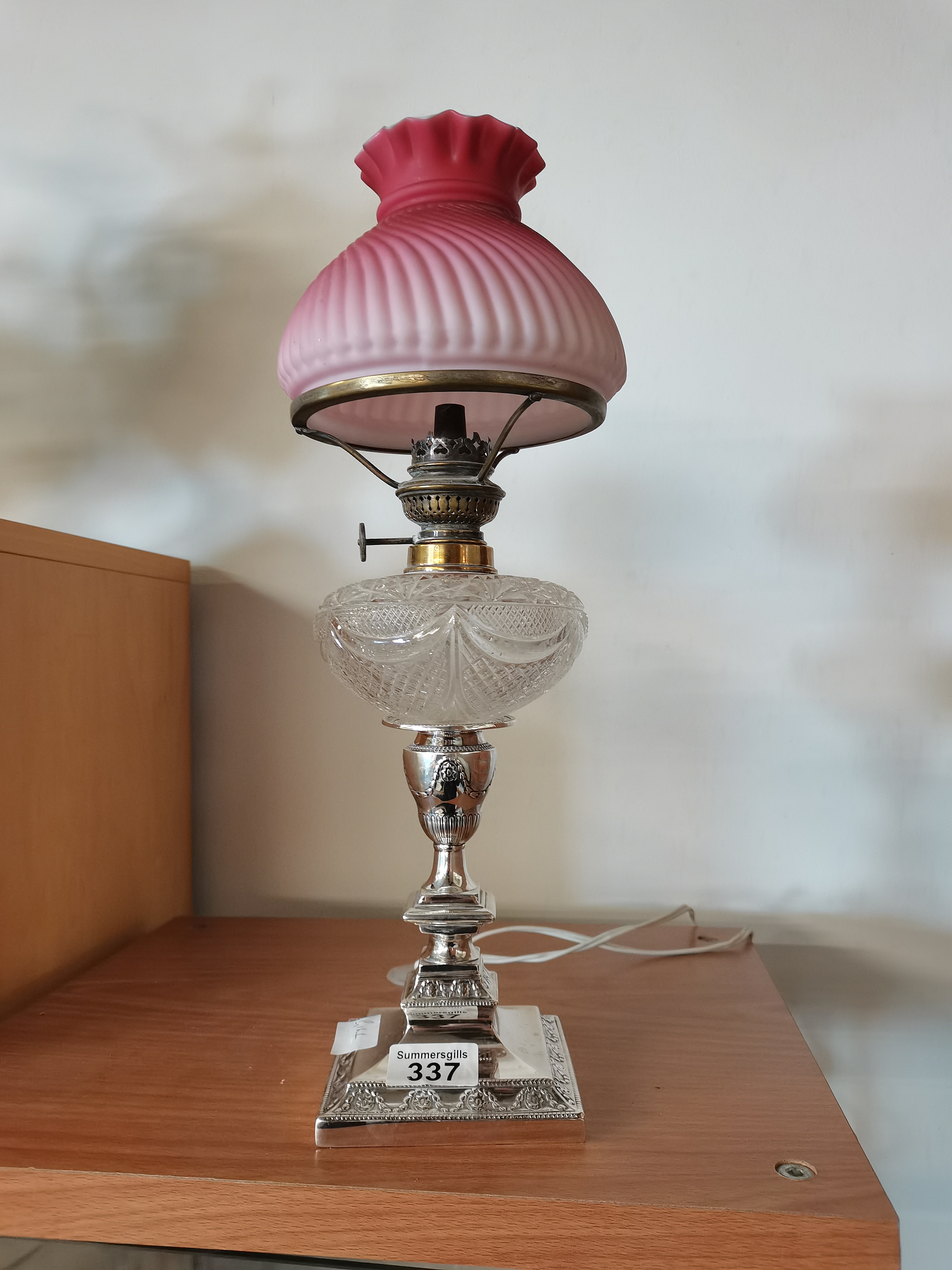 Silver cut glass and ruby oil lamp