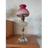 Silver cut glass and ruby oil lamp