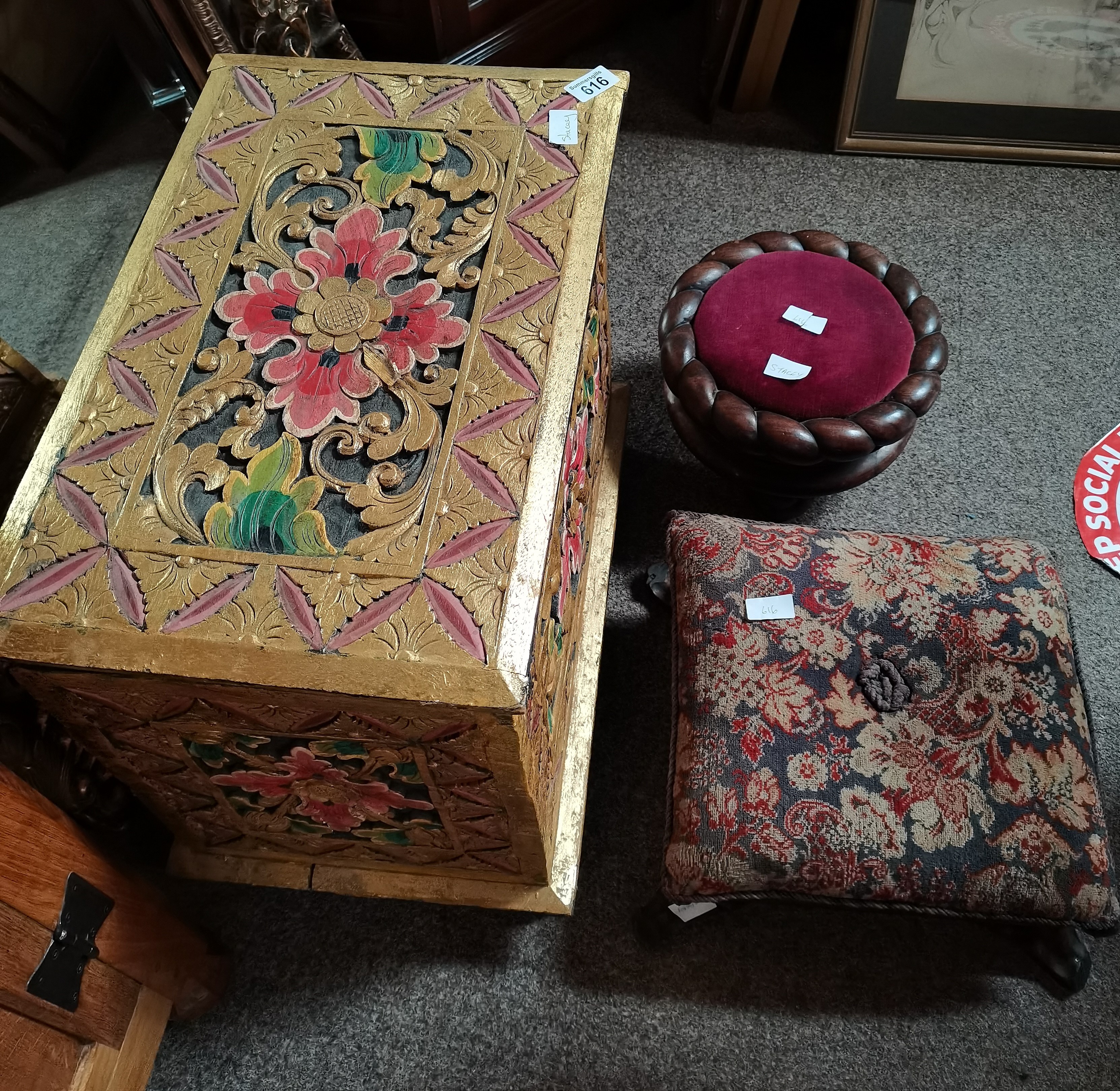 Oriental carved log box , and 2 x Victorian stools