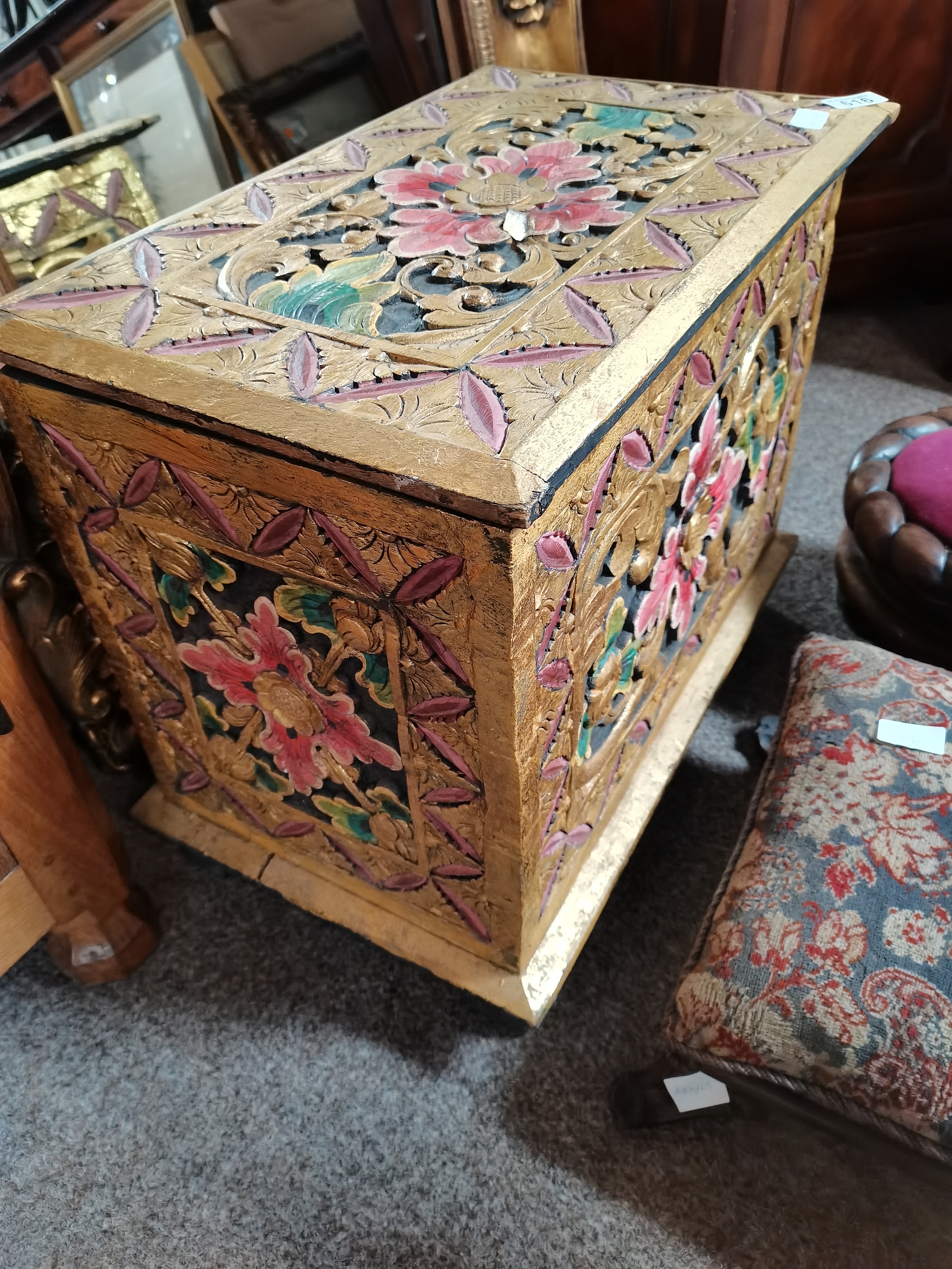 Oriental carved log box , and 2 x Victorian stools - Image 2 of 2
