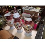 Set of 3 white and pink glass vases with floral design