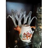 Murano style glass piece plus tea pot with hunting scene