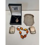 Silver Necklace, Amber and Silver bracelet, 3 Silver Vestas silver inkwell and 3 silver hallmarked