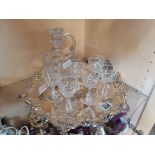 Silver Plate tray ladel and glass decanter and 6 glasses