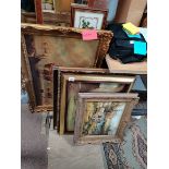 Framed paintings (many in gilt frames) and mirror