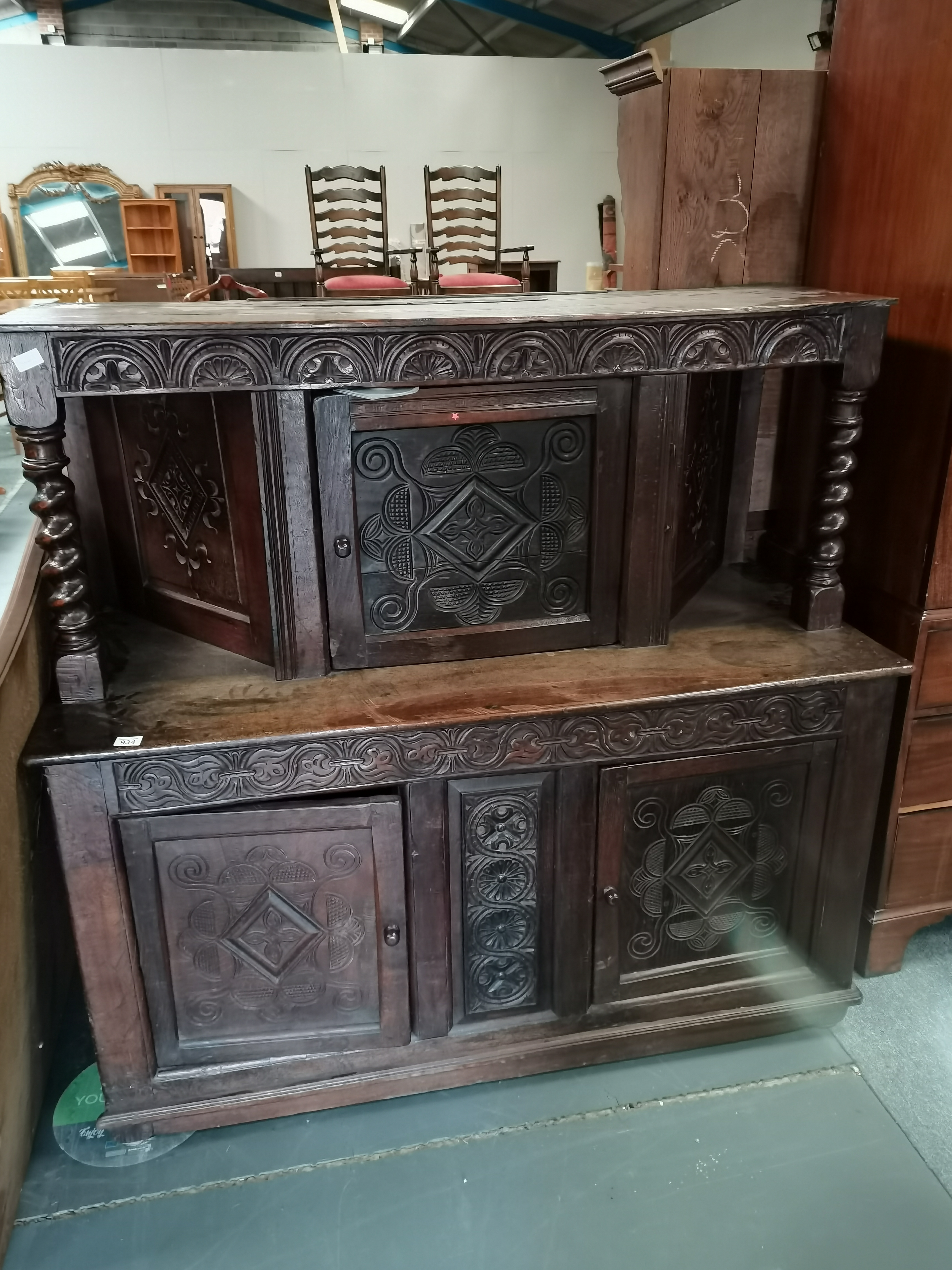 Early oak carved court cupboard with twisted supports and carved doors - Image 2 of 3