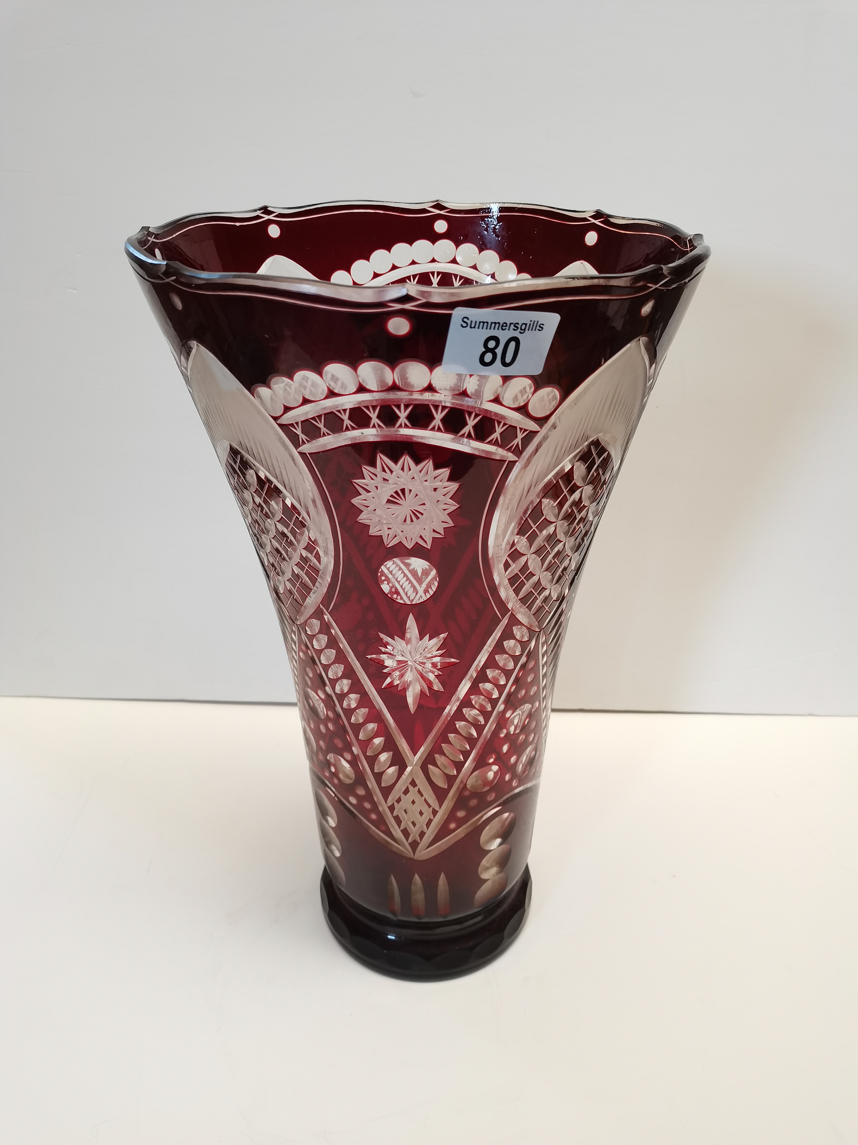 Very Large Lovely Decorated Cranberry Vase