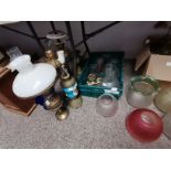 Several Brass Oil Lamps and shades and Replacement Wicks