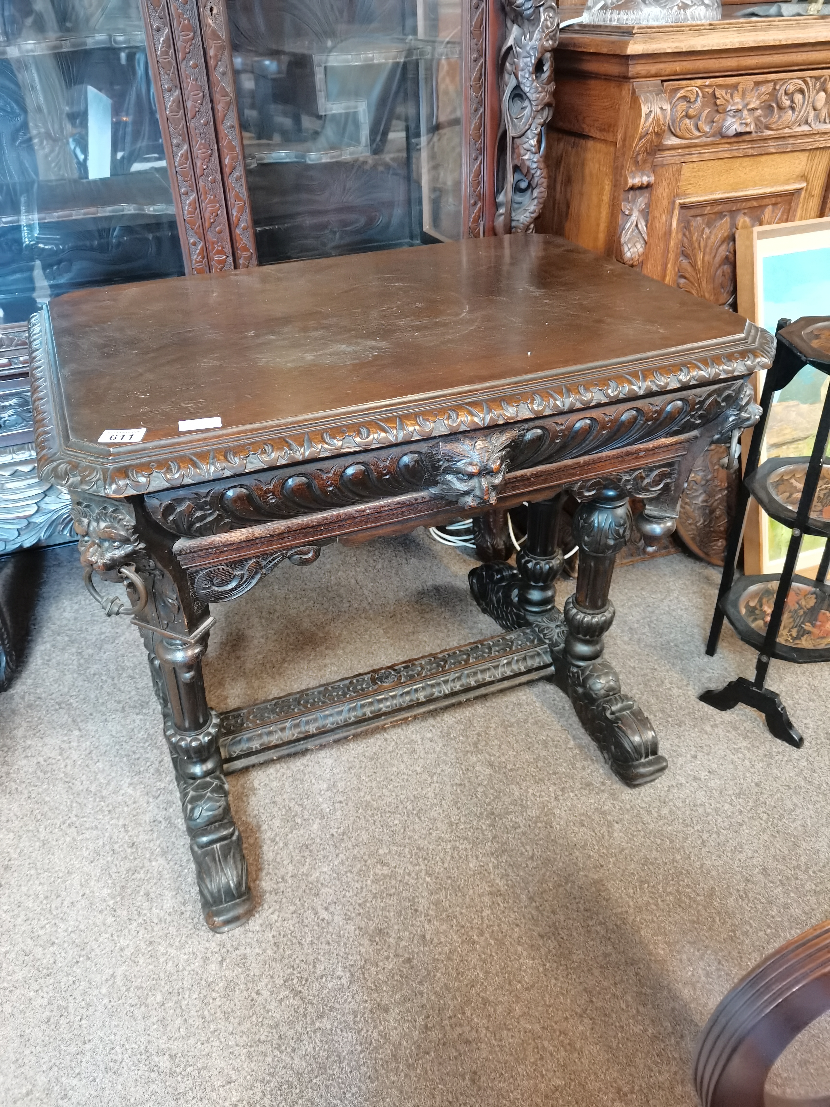 Antique heavily carved oak side table ( green man )