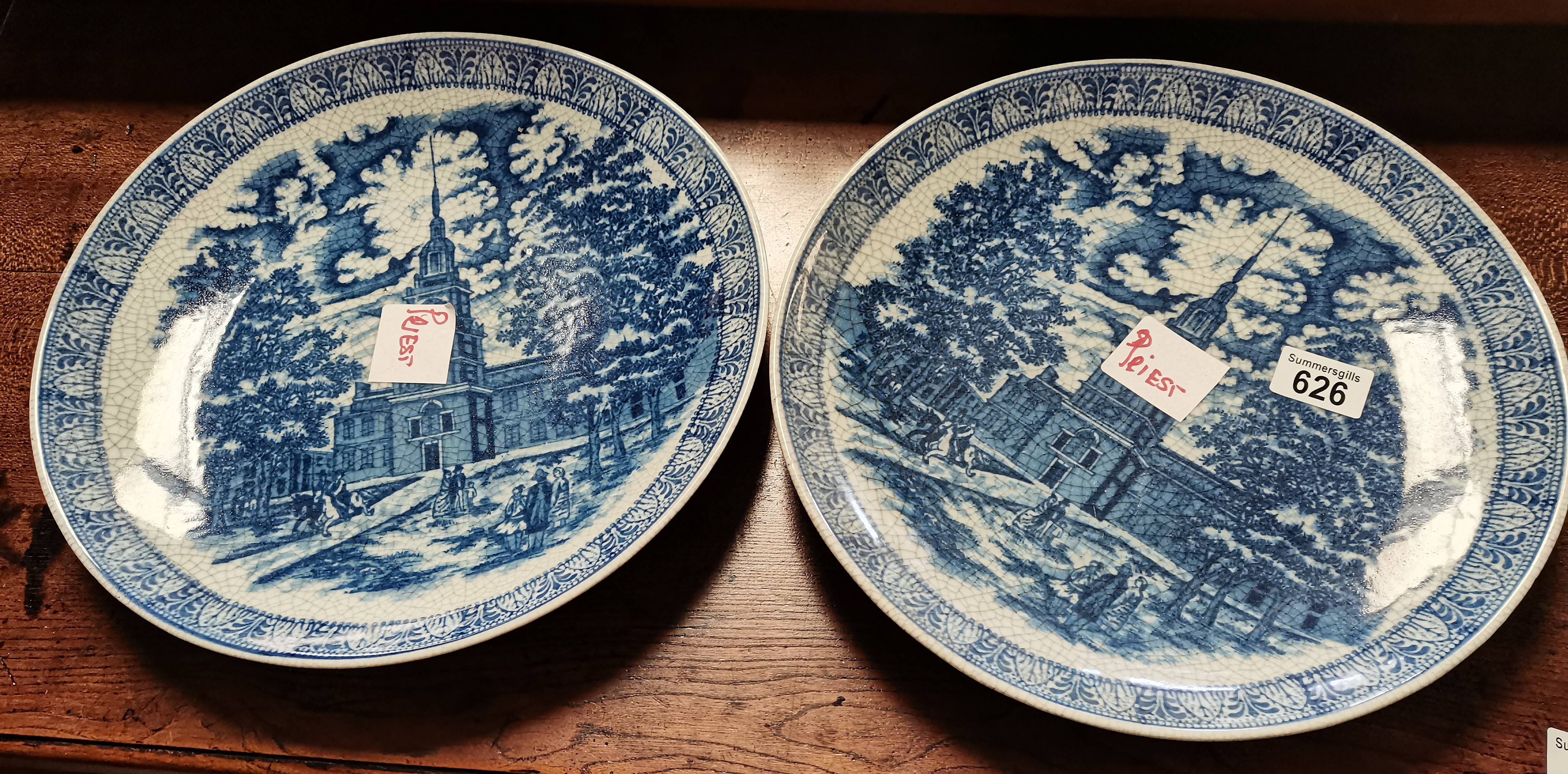 Pair of blue and white 32cm plates
