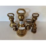 Wood and Brass sclaes with a selection of brass weights