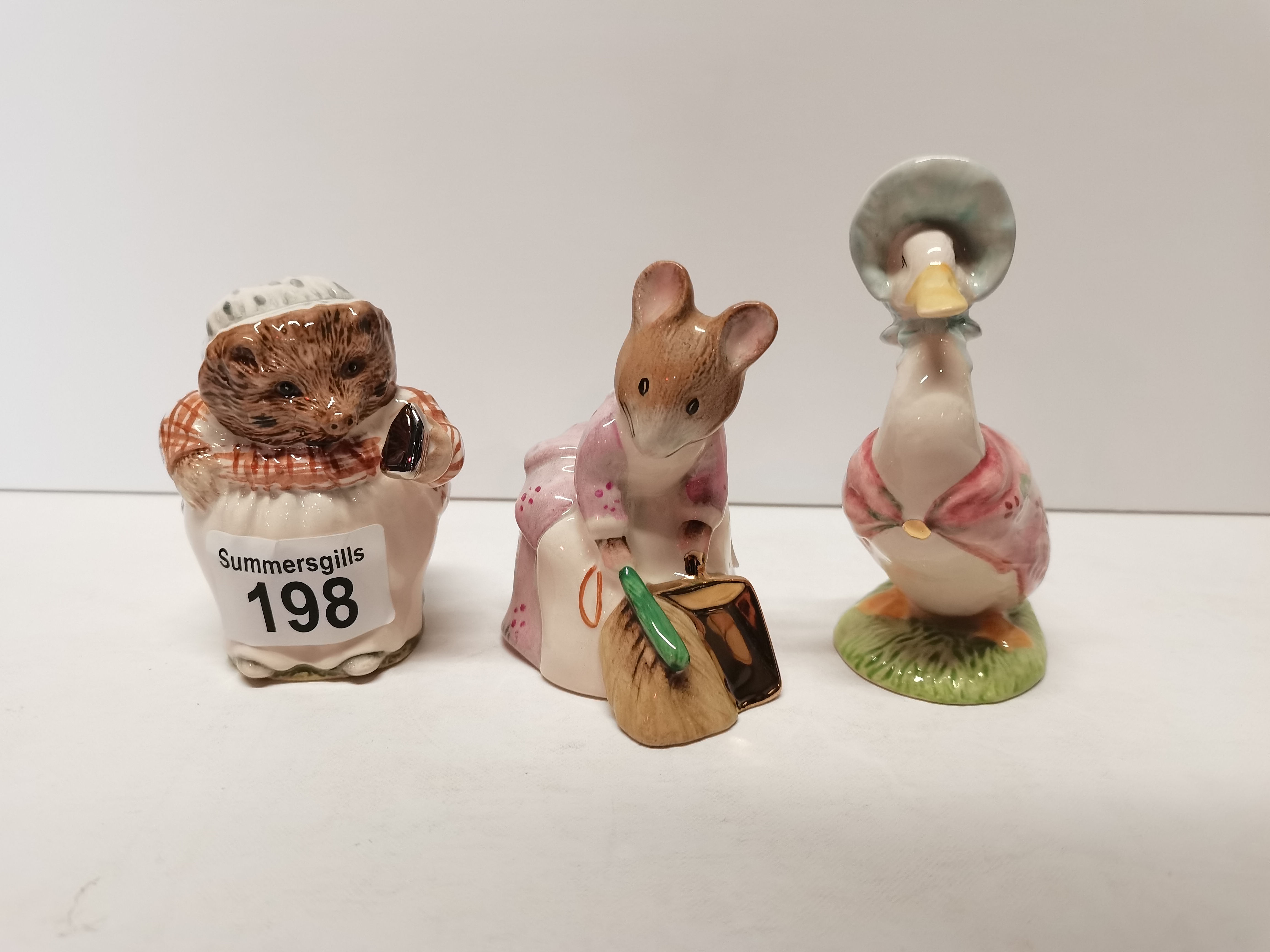 3 Beswick Beatrix Potter - Jemima Puddle-duck, Mrs Tiggy-winkle, Hunca Munca sweeping