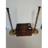 Wooden sewing box and candlesticks