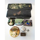 Cloisonne tin with stork plus other boxes