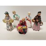 5 Royal Doulton Figures HN 2142 "The Rag Doll" HN2207 "Stayed at home" "Romany Sue" And 2