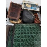 Binoculars, coin trays, Mantel clock, wooden boxes etc etc