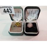 9ct gold ring size O with amethyst and diamond, 9ct gold ring size P with peridot