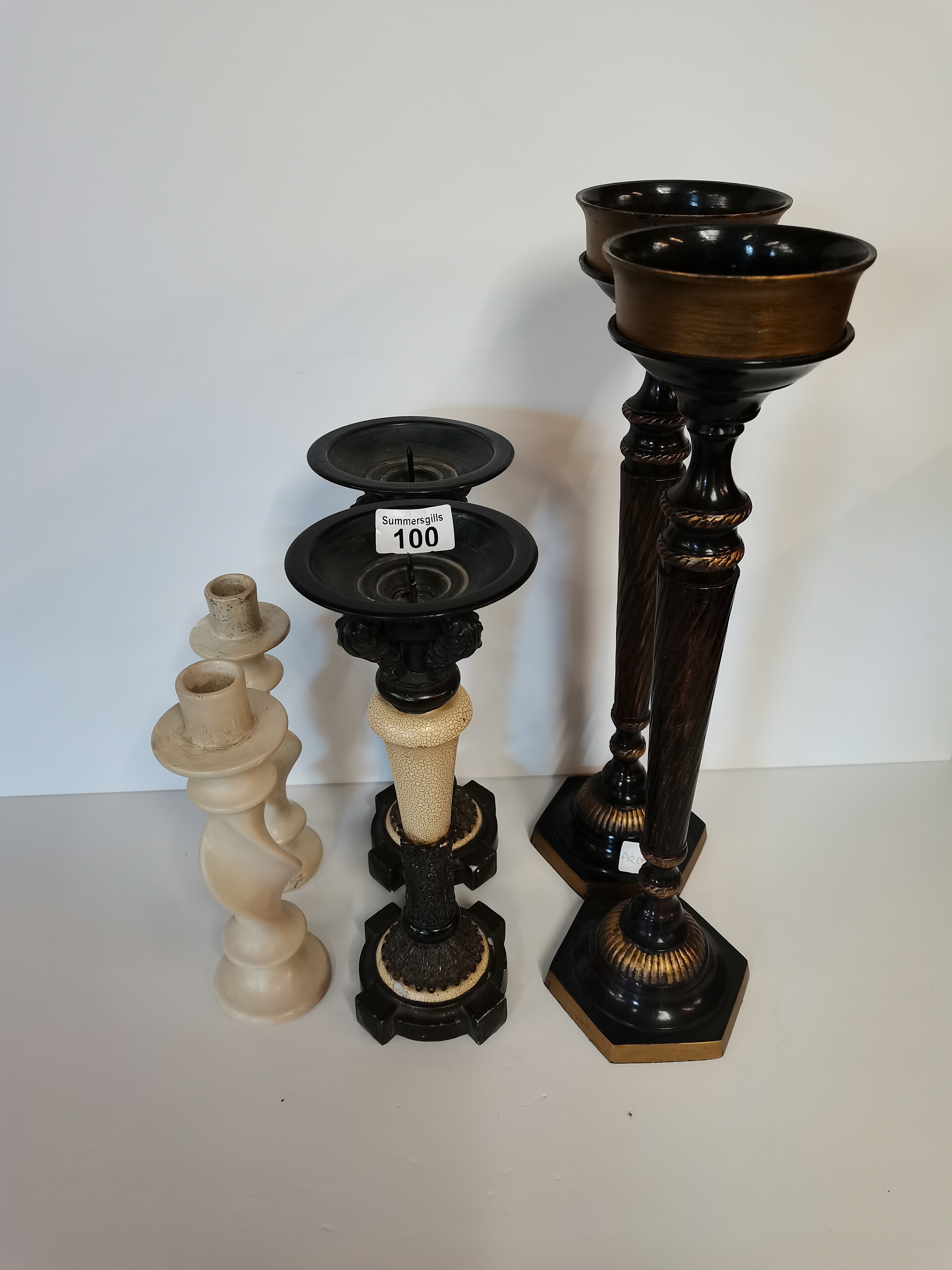 2 pairs brass candle sticks 1 pair pottery candle sticks - Image 2 of 4