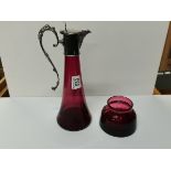 Ruby glass and plated claret jug and bowl