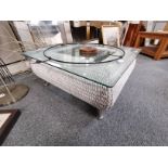 Wicker and glass coffee table