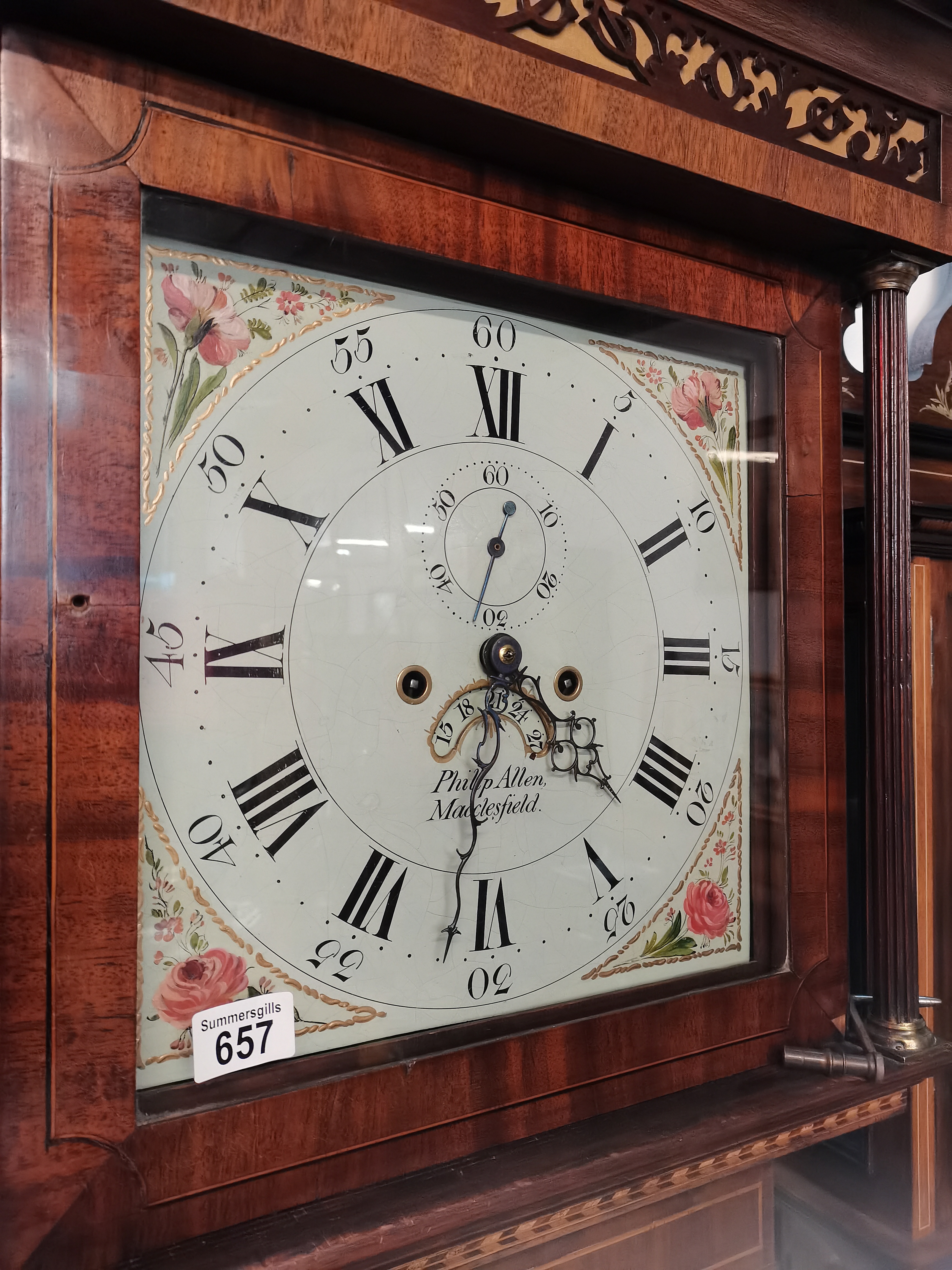 8 day Mahogany and inlaid grandfather clock maker Philip Allen Macklesfield - Image 2 of 2