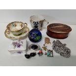 Wooden trinket box with costume jewellery, small china coffee cup, Paragon cup and saucer, trinket