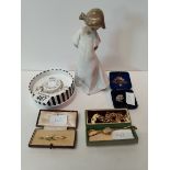 Various items incl. Nao figure, Gold ladies' watch, Victorian brooch, charm bracelet