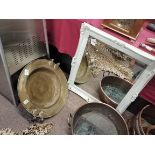 Large brass dish and mirror with cream frame