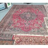 Large patterned blue and pink rug some fading and wear 394 x 305