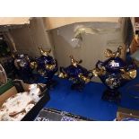 3 Blue and Gold Vases With Gold Birds and 2 Matching Blue Urns