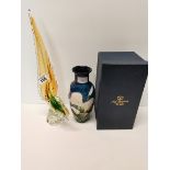 A Murano type Glass Cockerel and a hand painted Old Tupton Ware Vase In Box