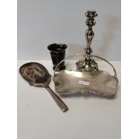 Silver items, mirror candlestick dish etc