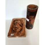 Carved plaque and wooden vase
