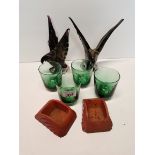 2 Glass Eagles, 4 green glasses, 2 orange glass dishes