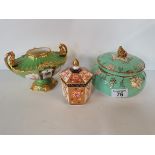 3 Pieces of Crown Derby 1 Bowl with lid "Vine" 1 Green and Floral Urn and 1 Gold and Cream pot