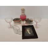 Pair of pot jars with lids 3 small wine glasses, small glass bird milk jug, Framed print of Queen