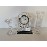 WATERFORD CRYSTAL Glass Mantle Clock, 1 glass candle stick and 1 glass flower vase