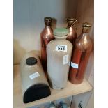 3 copper Chemical Bottles Plus 1 Earthenware Bottle and an Earthenware waterbottle (5 in Total)