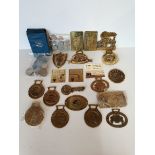 Collection of old coins, Brass Plates and horse brasses