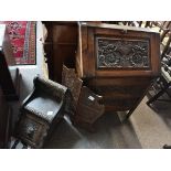 Oak carved bureau, coal scuttle, fire screen