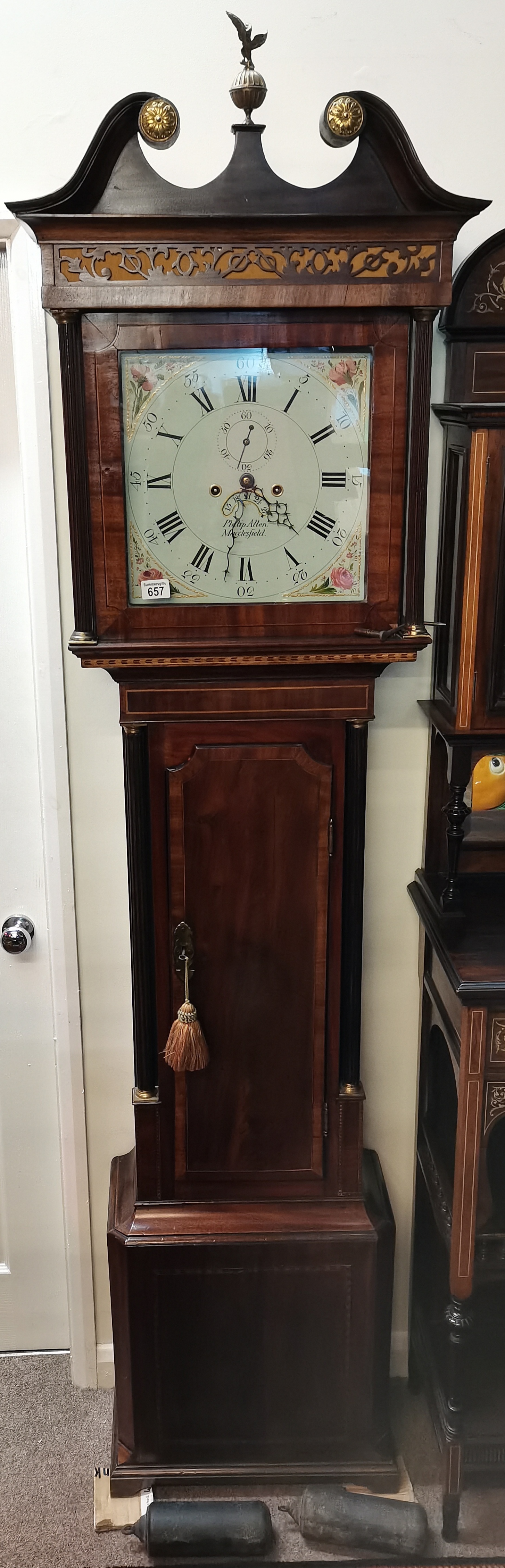 8 day Mahogany and inlaid grandfather clock maker Philip Allen Macklesfield