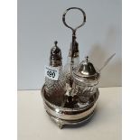 Early silver 3 piece cruet set and stand in good condition