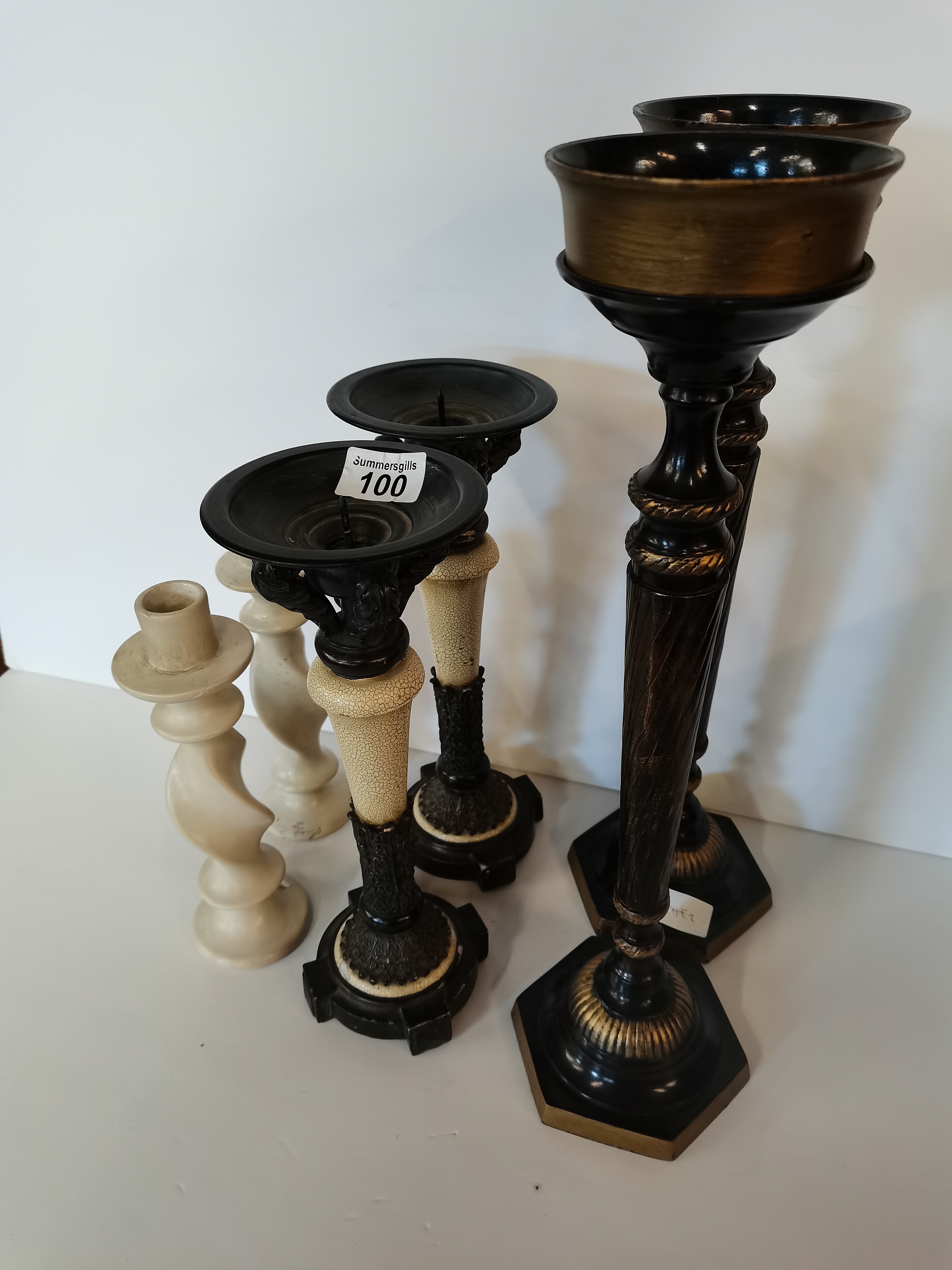 2 pairs brass candle sticks 1 pair pottery candle sticks - Image 3 of 4