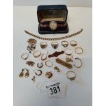 Collection of 35g of 9ct gold plus 22ct ring 1g ladies watch and 3 x silver napkin rings