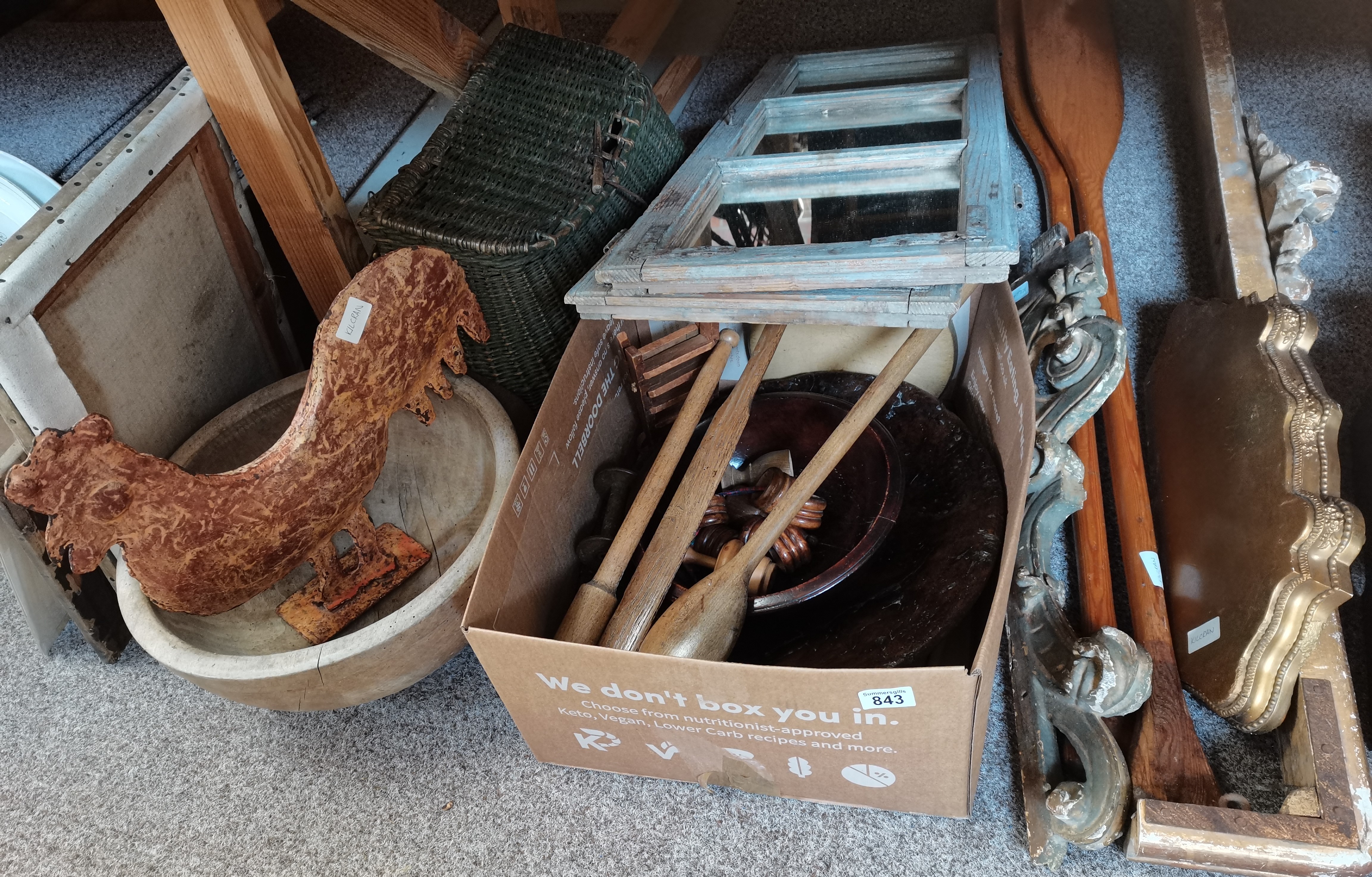 Box of wooden bowls, mirrors , baskets etc