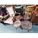 Antique armchair and 4 Bentwood chairs