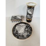 3 Piece black and white set of "Hallohaza" Plate Vase and Trinket Box